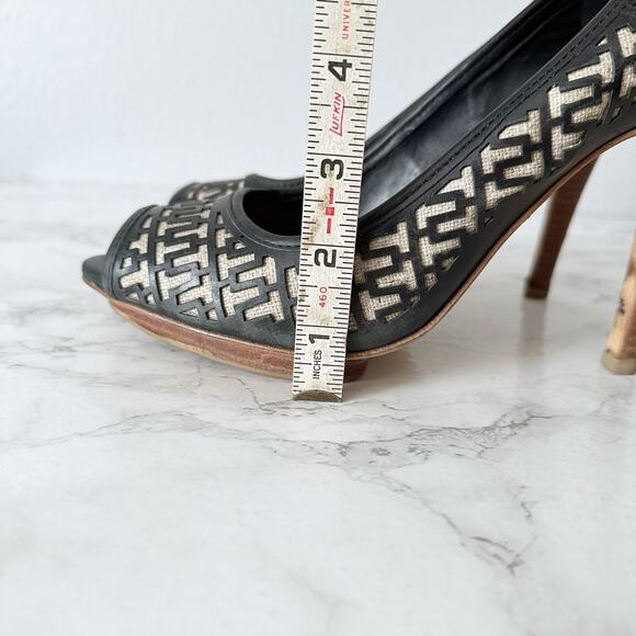 Tory Burch Regan Signature Logo Wood Platform Peep Toe Heels Women’s Size 11 - Picture 14 of 14